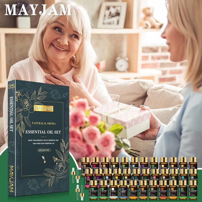Набір ефірних олій MAYJAM 35 x 5 мл, подарунковий набір ефірних олій для ароматерапевтичного дифузора, натуральна чиста ефірна олія лаванди, евкаліпта, ванілі, троянди, чайного дерева