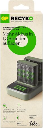 Док-станція GP ReCyko USB з 2 USB-зарядними пристроями GP M452, включаючи 8 батарей ReCyko AA 2600mAh, зарядний пристрій для батарей AA AAA зі світлодіодними індикаторами та док-станцію