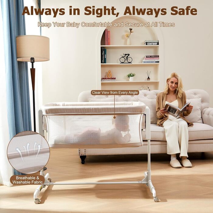 Дитяча колиска 3-в-1 &quotПоруч зі мною&quot для новонароджених, ліжко-гойдалка з бічним ліжком, дихаючою сіткою та безшумними поворотними колесами на 360 з фіксатором, регульована на 6 рівнів висоти, вівсянка