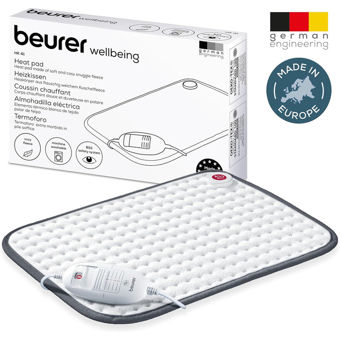 Грілка Beurer HK 41, м&39яка грілочка з 3 температурними режимами та автоматичним вимкненням, можна прати в пральній машині, зроблено в Європі, біло-сіра, 44 x 33 см, м&39який матеріал