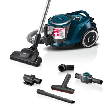 Безмішковий пилосос Bosch Serie 6 ProFamily BGC4FMLY гігієнічний фільтр для алергіків, 10 років гарантії на двигун, пастка для дрібних предметів, XXL-насадки для м'яких меблів та щілин, висока потужність, низький рівень шуму, 750 Вт, синій