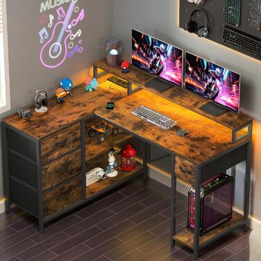 Подібний письмовий стіл із USB-портом для зарядки та розеткою, двосторонній кутовий стіл із 4 шухлядами та полицею, ігровий стіл із підставкою для монітора, 140x100 см, комп&39ютерний стіл для офісу, коричневий