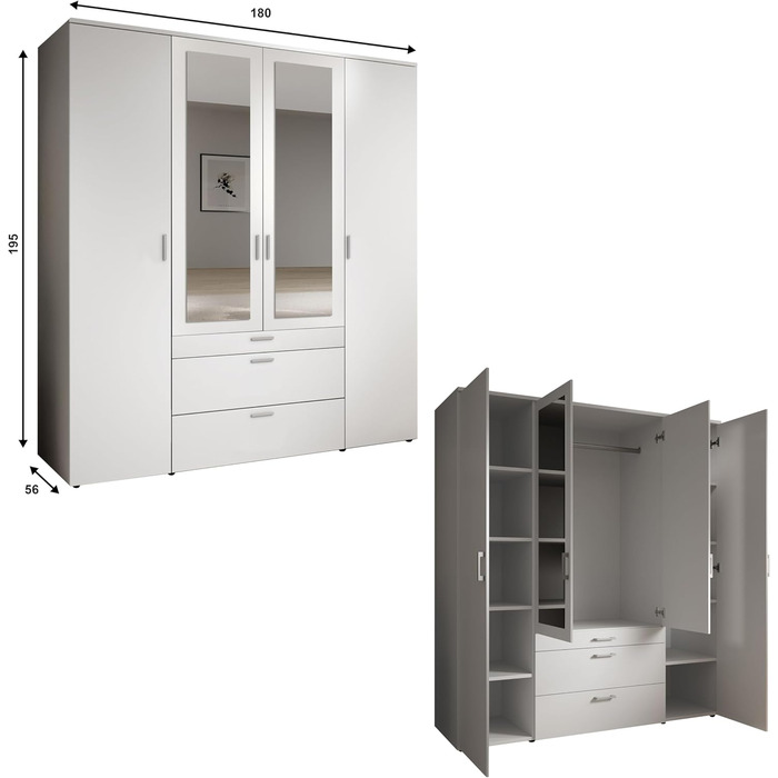 Шафа з дзеркальними дверима білого кольору - Універсальна 4-дверна шафа для вашої спальні - 180 x 195 x 56 см (Ш/В/Г) 4-дверна біла