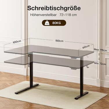 Кутовий стіл, регульований по висоті, L-подібний, 150 x 100 см, електричне регулювання висоти, ергономічний стіл з підставками для чашок та гачками, міцний офісний стіл, чорний, L-подібний, 59