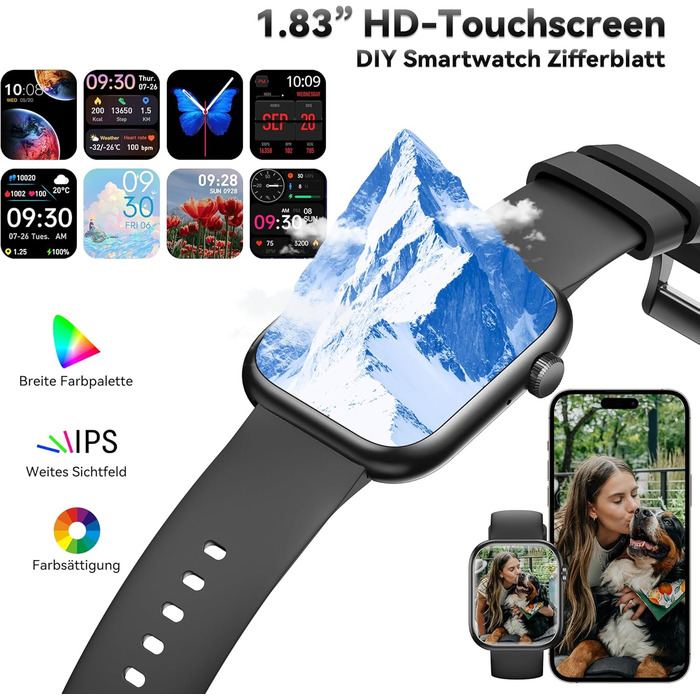 Розумний годинник для чоловіків та жінок, 1,83-дюймовий HD фітнес-трекер з крокоміром/монітором артеріального тиску/монітором серцевого ритму/функцією телефону, трекер сну, 120 спортивних режимів, водонепроникний фітнес- та спортивний годинник IP68 для iP