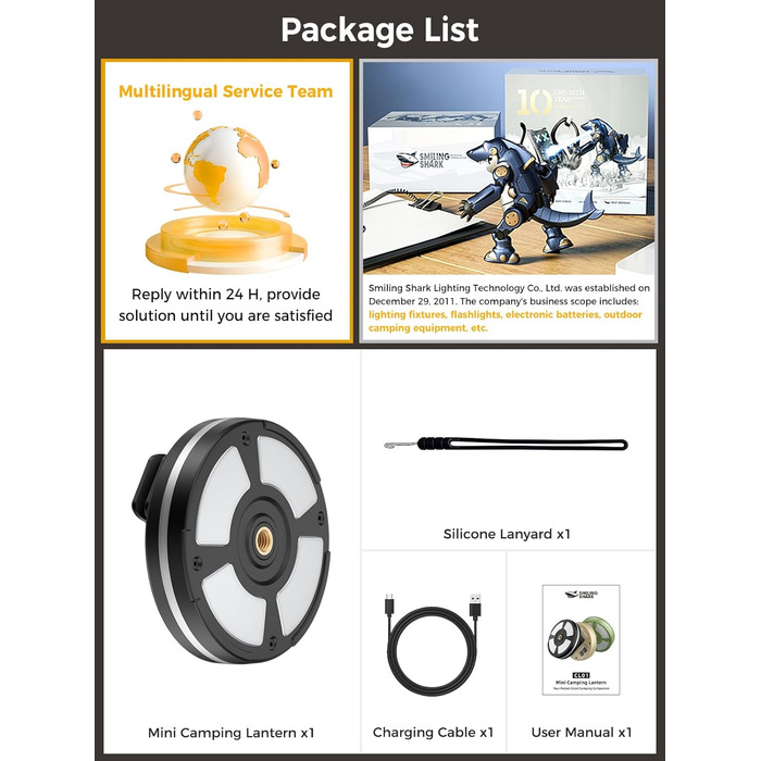 Ліхтар для кемпінгу Smiling Shark CL01, портативний світлодіодний ліхтар для кемпінгу, акумуляторний, магнітний із затискачем, різьба та гачок 1/4 дюйма, 3 колірні температури та бічне світло RGB для кемпінгового аварійного рюкзака (чорний)