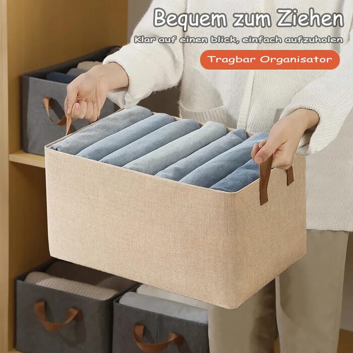 Кошик для зберігання речей з тканини AARAINBOW для шафи, складний органайзер для шафи з ручками, коробка для зберігання на 4 предмети, кошик, що штабелюється, 40x27x21 см (4 бежевого кольору)