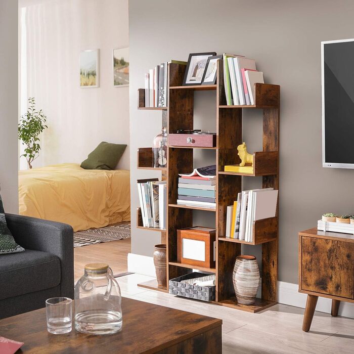 Книжкова полиця VASAGLE у формі дерева, стояча полиця з 13 відділеннями, полиця для зберігання, 25 x 86 x 140 см, вінтажний коричневий LBC67BXV1