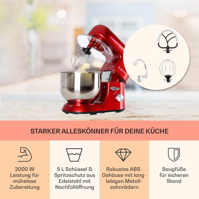 Кухонний комбайн Klarstein, Тістомісильна машина з чашею 5 л, Професійний кухонний комбайн потужністю 2000 Вт з гаком для тіста та вінчиком, Універсальний кухонний комбайн з 6 рівнями, Тістомашина для перемішування, замісу та збивання коралів
