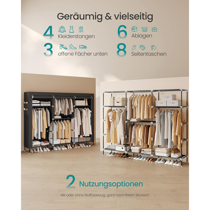 Шафа, Тканинна шафа для спальні, Шафа з вішалкою для одягу, Полиці, Бічні кишені, Велика, 4 відділення для вішалок, 45 x 189 x 180 см, Чорний RYG011BZ02 189B см