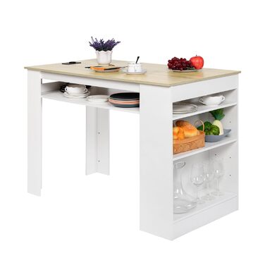 Багатофункціональний обідній стіл EGGREE з полицями для зберігання та розеткою - Кухонний стіл 110x60x78 см у дубовому декорі - Полиці з регульованою висотою, поверхня для зберігання, для невеликих приміщень у дубовому та білому кольорах