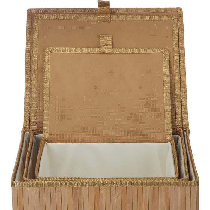 Кошик для зберігання Relaxdays 10024308126, набір із 3 предметів, з кришкою та тканинною підкладкою, бамбуковий кошик, декоративна коробка для зберігання, 3 розміри, натуральний, натуральні кольори