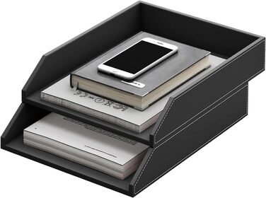 Штабелювані шкіряні лотки для документів, штабелювані лотки для листів формату А4, комплект з 2 шт. , для офісу, дому та школи, чорні.