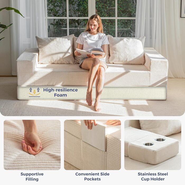 Розкладний диван MAXYOYO, вельветовий диван на підлозі, розкладний диван з підставкою для чашок та декоративними подушками, зручний компресійний диван для вітальні, спальні, кімнати для гостей, кремовий 3-місний