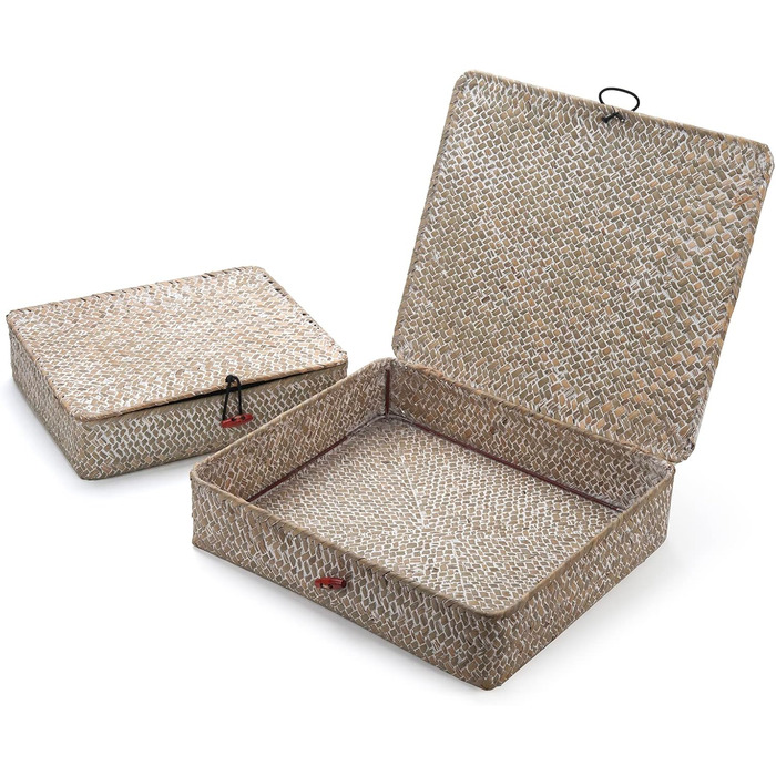 Прямокутний кошик для зберігання з ротанга, полиці з натуральної плетеної морської трави з кришками, 2 предмети (великий малий для білої білизни)