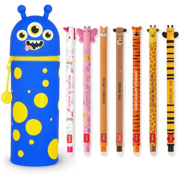 Набір LEGAMI із 7 гелевих ручок, що стираються, пенал 2-в-1 з термочутливим чорнилом, що стирається, різні кольори чорнил та дизайни корпусу, наконечник 0,7 мм (Monster)