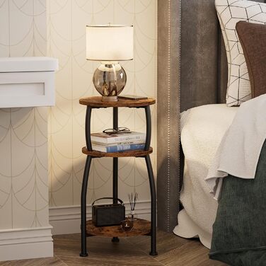 Круглий журнальний столик, маленький круглий столик з 3 ярусами, маленький журнальний столик з місцем для зберігання, тумбочка біля ліжка, журнальний столик, журнальний столик для вітальні, спальні, металевий, сучасний (коричневий) Коричневий Чорний