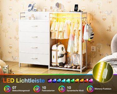 Комод Coleshome з вішалкою для одягу, світлодіодним освітленням та розеткою, двосторонній дизайн з 6 шухлядами, тканинний комод для спальні та вітальні, 110 x 30 x 106 см, білий