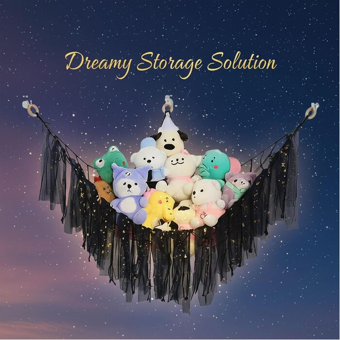 Гамак-іграшка з 2 м&39якими іграшками зі світлодіодними лампами, сітка для зберігання в дитячій кімнаті для організації плюшевих іграшок, декоративна підвісна сітка для декору спальні (чорний) Schwarz