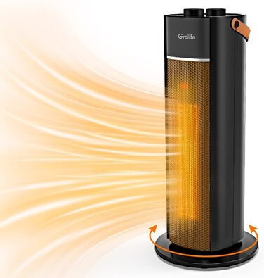 Тепловентилятор Grelife, тихий енергозберігаючий електричний обігрівач потужністю 1500 Вт з термостатом, функція повороту на 70, 3 режими нагріву, кімнатний обігрівач для ванної кімнати, офісу, вітальні та спальні, чорний