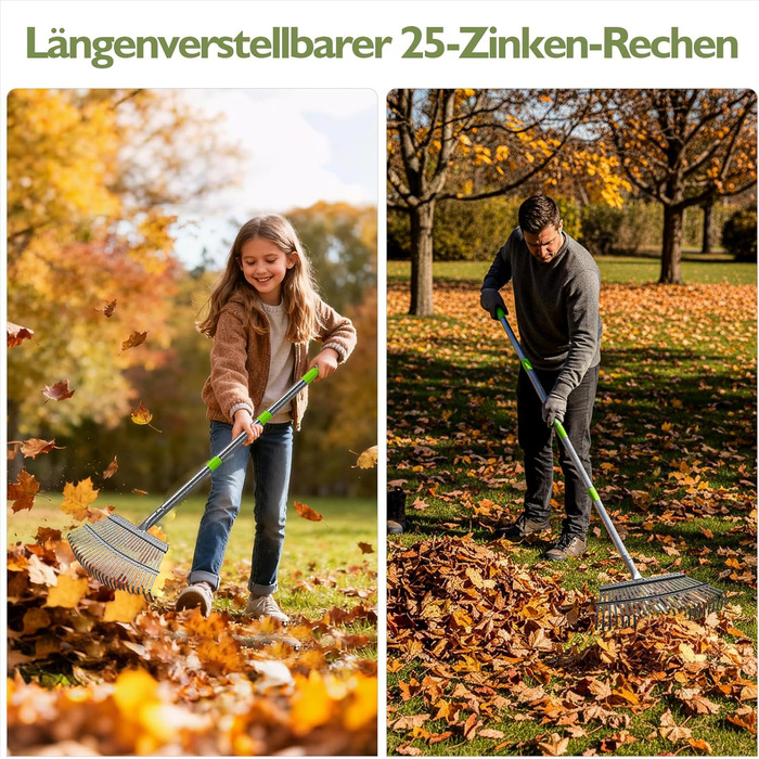 Садовий віяловий граблі Rechen Garten, 2511 зубців, металевий, з регульованою ручкою (70-185 см), для важкого листя, граблі для листя, трави та ґрунту, у комплекті з 2 парами рукавичок