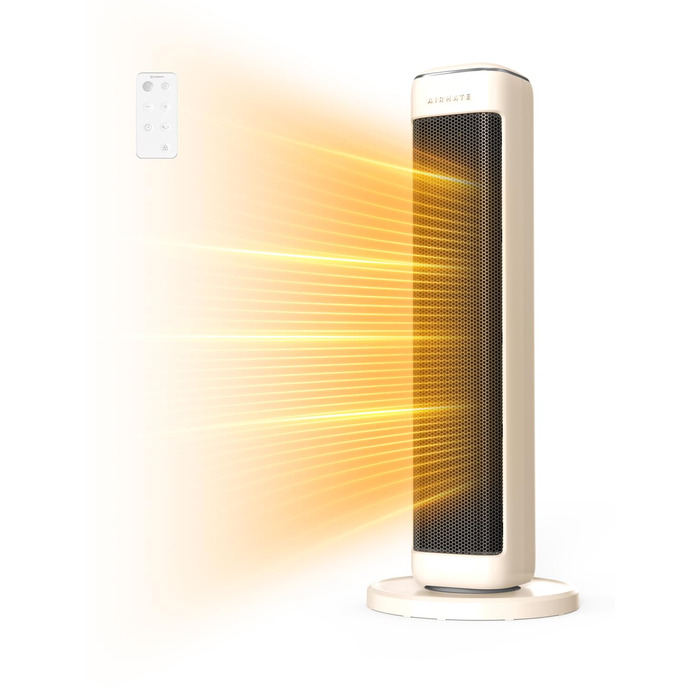 Енергозберігаючий керамічний вентилятор-обігрівач AIRMATE 63 см, тихий, коливальний нагрівальний елемент 80 та термостат, 3 режими, ECO, таймер 24 години, обігрівач 2000 Вт, захист від перегріву та перекидання, білий