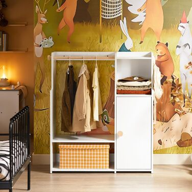 Дитяча шафа SoBuy з 2 гачками, Дитяча шафа, Шафа для дитячої кімнати, Дитяча вішалка для одягу, Дитяча полиця, Дитяча кімната, Білий, 94x110x35 см, KMB110-W