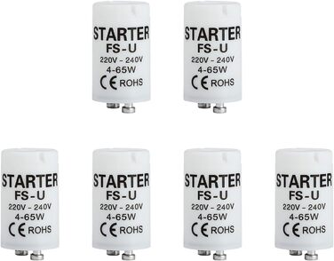 Пакет із 6 стартерів, люмінесцентний пускач FS-U, 4-65 Вт, 220-240 В, надійний пускач розпалу для окремих ланцюгів люмінесцентних ламп, безпечний та ефективний для патронів УФ-стрічок клас енергоспоживання G