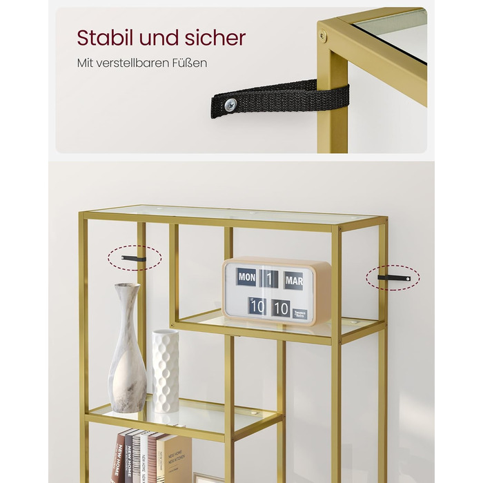 Книжкова полиця VASAGLE, блок із 6 полиць, окремостояча полиця, полиці із загартованого скла, 30 x 80 x 180 см, для кабінету, офісу, вітальні, спальні, кухні, металеве золото-прозоре LGT502A01 металеве золото прозоре загартоване скло сталь