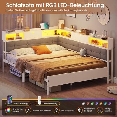 М&39яке ліжко-диван-ліжко 140x200 з 6 відділеннями для зберігання Дитяче ліжко 140x200 зі світлодіодним освітленням Кушетка з розетками Гостьове ліжко Каркас ліжка з металевою рейковою основою, матрац не входить до комплекту (білий) 140x200 см Білий