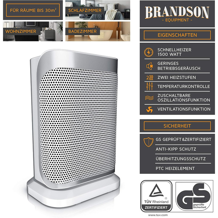 Енергозберігаючий, тихий вентилятор-обігрівач - 1500 Вт - 2 рівні потужності - Вентилятор-обігрівач для ванної кімнати - Плавне регулювання температури - Керамічний нагрівальний елемент - Термічний запобіжник - Нагрівач D Сріблястий / Білий