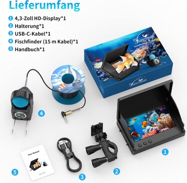 Ехолот для риболовлі з 4,3-дюймовим РК-дисплеєм, 15-метровим водонепроникним кабелем IP68 та 6 ІЧ-ліхтарями нічного бачення, портативна підводна камера для риболовлі на льоду, в озерах, з човнів та каяків 15M, 1080P HD