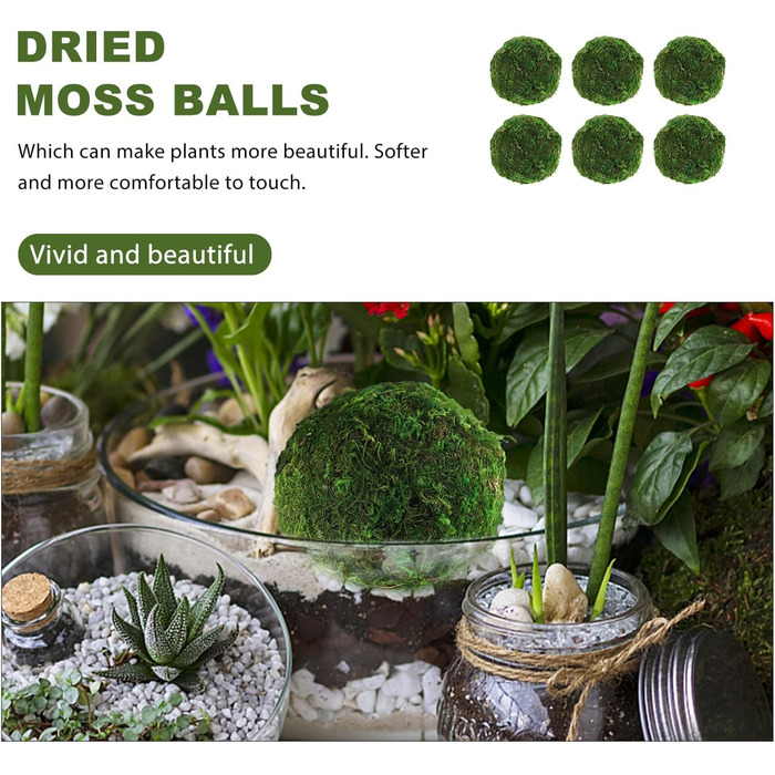 Кульки із сухого моху Камені з штучного моху Кулька з акваріумного моху Зелений мох для виготовлення булочок Зелені кульки з моху Підвісні кульки Кулька Соковитий наповнювач із сухого моху, 6 шт.