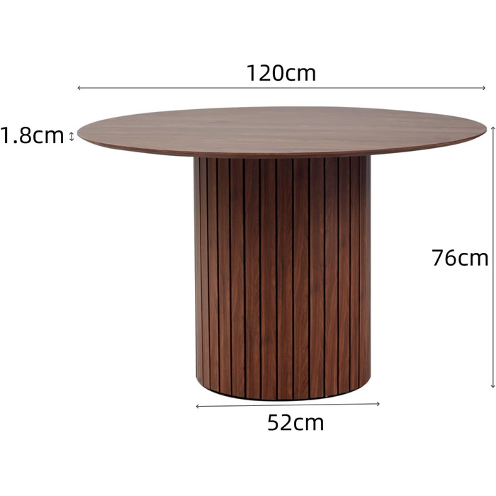 Сучасний круглий обідній стіл у стилі вабі-сабі, темно-коричневий з дерев&39яною текстурою та циліндричною основою, 120 x 120 x 76 см