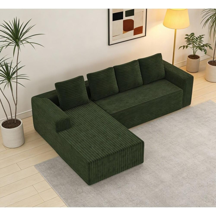 Кутовий диван, 4-місний диван, 3-місний диван, модульний компресійний диван з L-подібним шезлонгом, не потребує складання (плюс вельветова тканина) (зелений)
