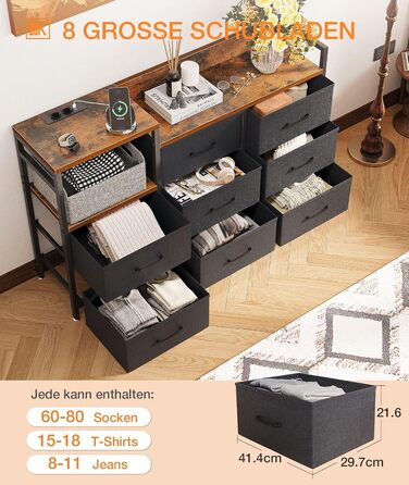 Комод ODK з висувними шухлядами, 2 порти USB та 2 порти змінного струму, 8 тканинних шухляд - підходить для багатофункціонального зберігання речей у спальнях та вітальнях, 132 * 30 * 88 см, вінтажний та чорний