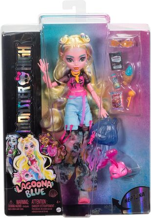 Лялька Monster High Lagoona Blue у сітчастій футболці та штанях-карго з рибкою Нептуною та аксесуарами, такими як рюкзак, перекус та блокнот, HXH75 Lagoona Blue з Нептуною