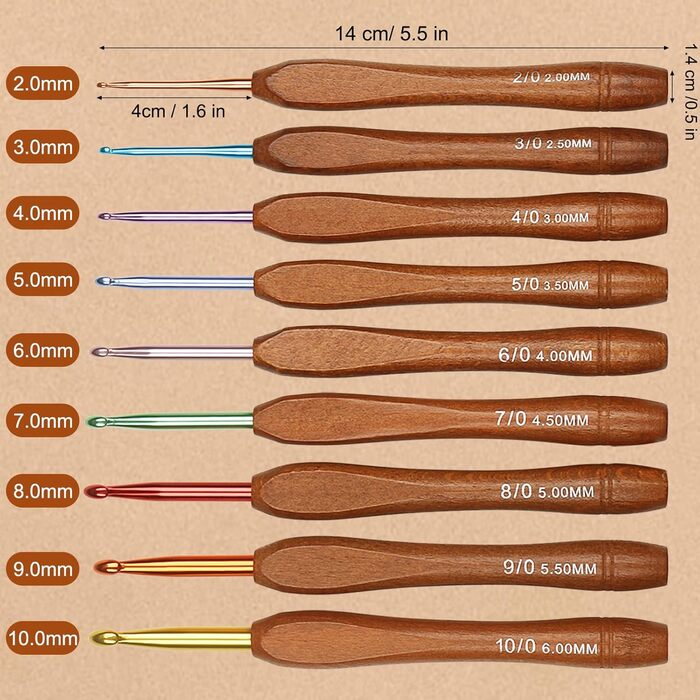 Набір гачків для вязання Aeelike з деревяною ручкою, ергономічні гачки для вязання з 9 предметів із зеленим ящиком для зберігання для рук із артритом, легкі гачки для вязання для початківців 2,06,0 мм із кольоровою алюмінієвою головкою для початківців