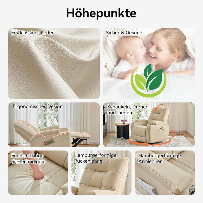 Крісло-гойдалка AIRSKY, крісло-гойдалка, крісло для телевізора зі справжньої шкіри з функцією відкидання, крісло для кінотеатру, крісло для літніх людей, крісло для телевізора з функцією сну, ручне регулювання, крісло-гойдалка, крісло-гойдалка, вітальня, 