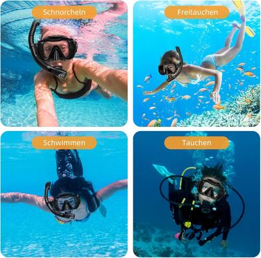 Набір для дорослого з маскою, спорядження для підводного плавання, лінзи із загартованого скла із захистом від протікання та запотівання, маска для плавання з панорамним видом, суха кришка, набір для підводного плавання та дайвінгу, чорний