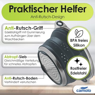 Сито для макаронів Ситечко з нержавіючої сталі та силікону Кухонне ситечко Складний сушарка Термостійкий та компактний сірий