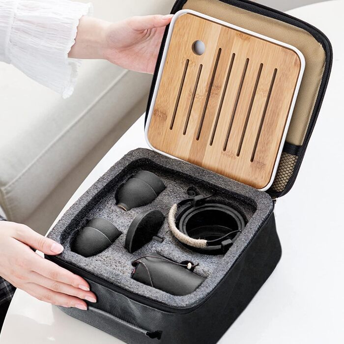 Японський портативний набір для чаювання Fanquare в дорожній сумці, чорний порцеляновий чайний сервіз з чайником, мініатюрний китайський чайний набір для дорослих, подарунок для чоловіків