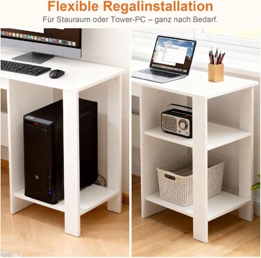 Г-подібний стіл Sweetcrispy з полицею та шафою, 130x130x74 см, кутовий стіл, міцний ігровий стіл з місцем для зберігання, легке складання, білий 130x130x74 см