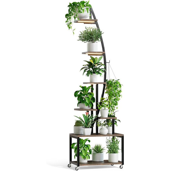 Підставка для рослин з лампою для вирощування, 7-рівнева підставка для квітів (165 см), полиця для рослин з металу та дерева з фіксуючими колесами, підставка для квітів для внутрішнього/зовнішнього використання, декоративна підставка для квітів для саду а