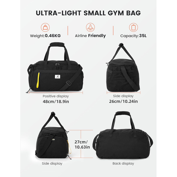 Спортивна та дорожня сумка SKYSPER 35L для жінок та чоловіків - з відділенням для взуття та вологим відділенням, сумка для спортзалу та тренувань для фітнесу, спорту, подорожей, тренувань, чорна