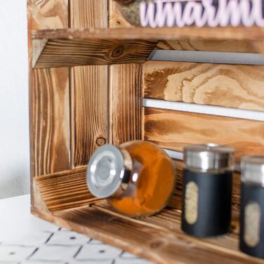 Вінтажна дерев&39яна полиця для спецій - приблизно 50 x 17 x 40 см, полум&39яне дерево Кухонна полиця, горизонтальний формат, 2 полиці, 50 x 17 x 40 см Горизонтальний формат, полум&39яне дерево