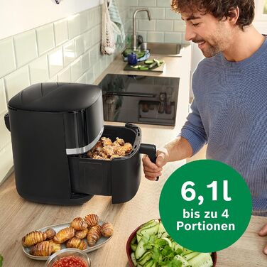 Аерофритюрниця Bosch Serie 4 XL, чорна, об'єм 6,1 л, 7 попередніх налаштувань, функції розморожування та підігріву, сенсорний екран, прискорене приготування до 60, MAF462B0