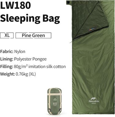 Міні-спальний мішок Naturehike Ultralight, малий, 760 г, 3-сезонний, 205 x 85 см, для піших прогулянок, походів, кемпінгу при температурі приблизно 15C, армійський зелений - XL