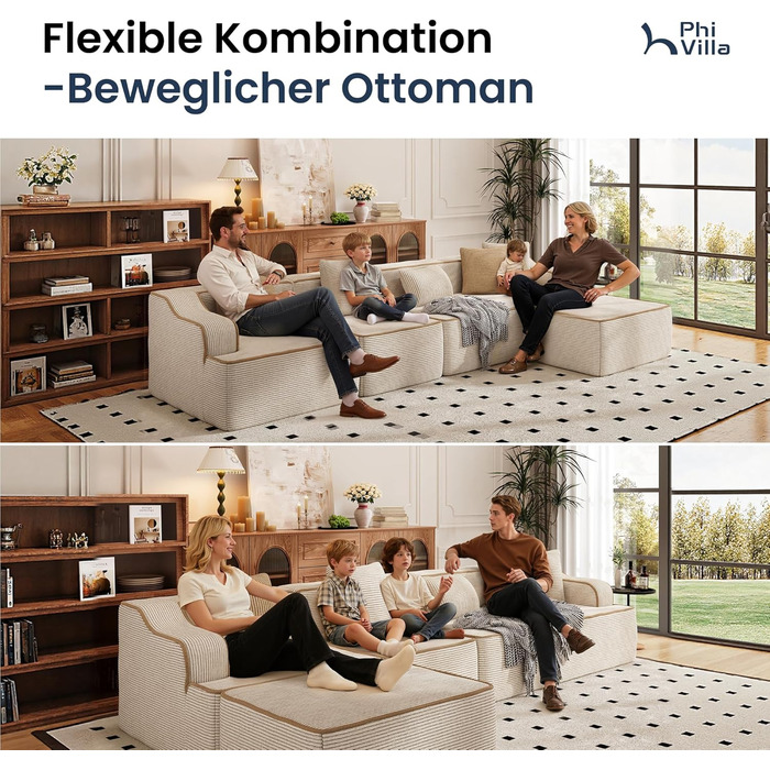 Кутовий диван PHI VILLA зі сном, Cloud, безкістковий диван, 5-місний L-подібний модульний диван для вітальні, вельвет, не потребує складання, бежевий, 5-місний, бежевий