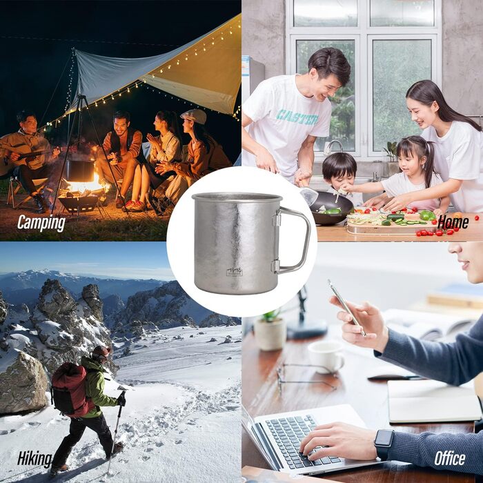 Титанова чашка TiTo, для кемпінгу, чаю, кави, води, надлегка, портативна, посуд, 450 мл, складна ручка, титанова каструля з кришкою, для активного відпочинку на свіжому повітрі, походів, пікніків, посуду для напоїв, синього кольору